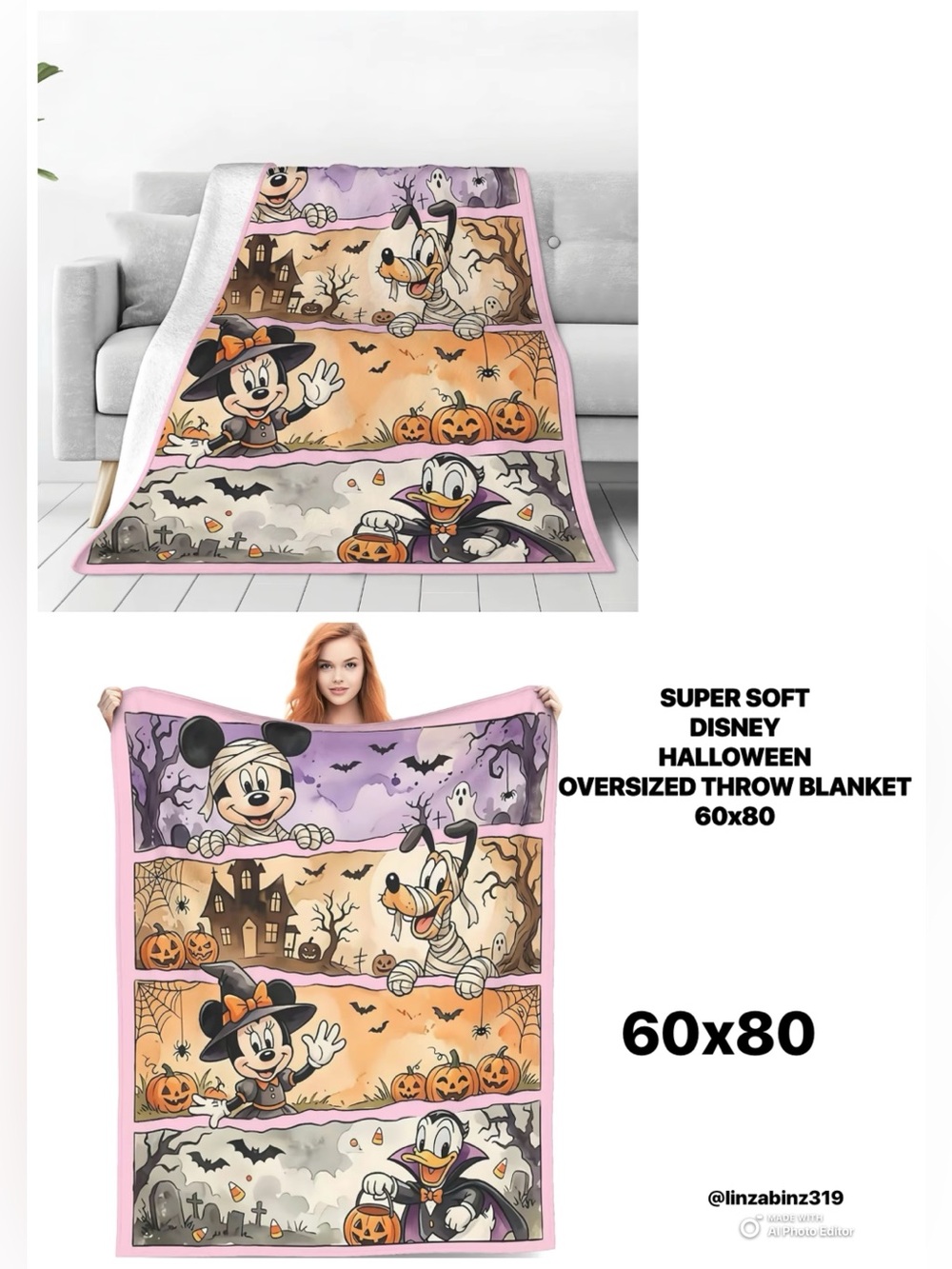 🆕-Disney Halloween Oversized Throw Blanket Mickey, Minnie, Donald & Pluto 60x80